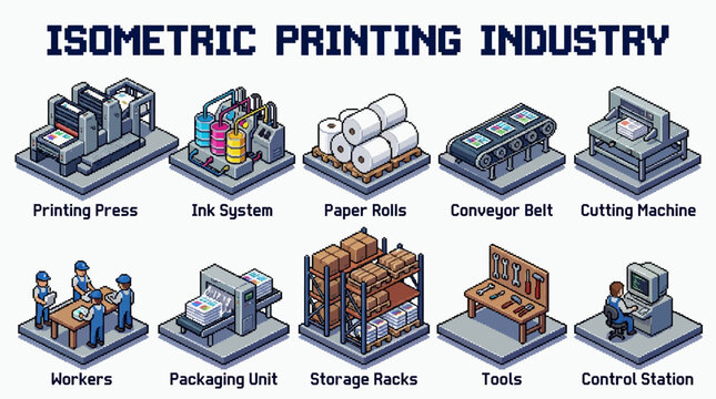Isometric depiction of the printing industry, showcasing machinery, materials, and personnel involved in the printing process