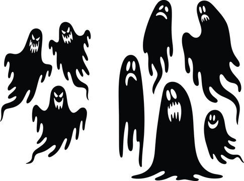 Halloween ghost silhouette vector illustration set with jagged sharp‑toothed spirits, eerie floating shapes and spooky horror artwork