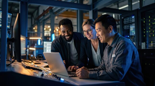Diverse Team of Engineers Collaborating on Laptop in Dark Server Room.