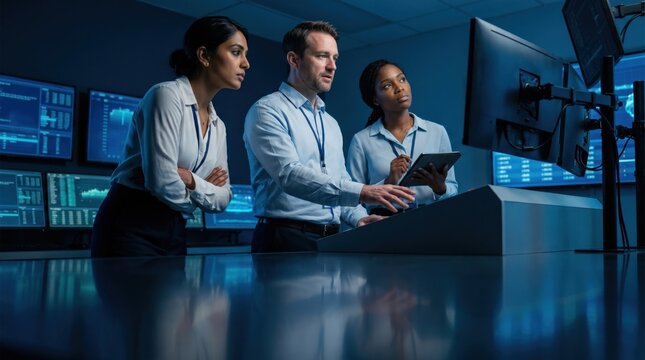 Diverse Team of IT Professionals Working in a Modern Data Center.
