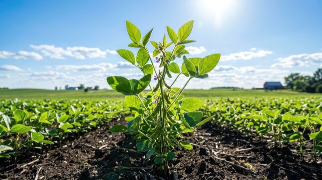 A young soybean plant grows in a field. The plant has bright green leaves and small purple flowers.