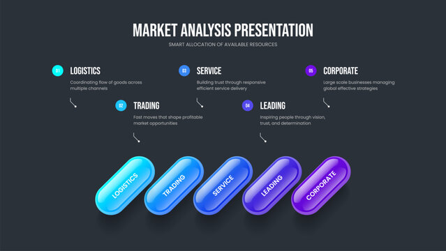 Consulting Insight Slide Design Vector Illustration. Product Growth 5 Option Infographic Slideshow Layout. Service Innovation Five Element Diagram Frame Template.