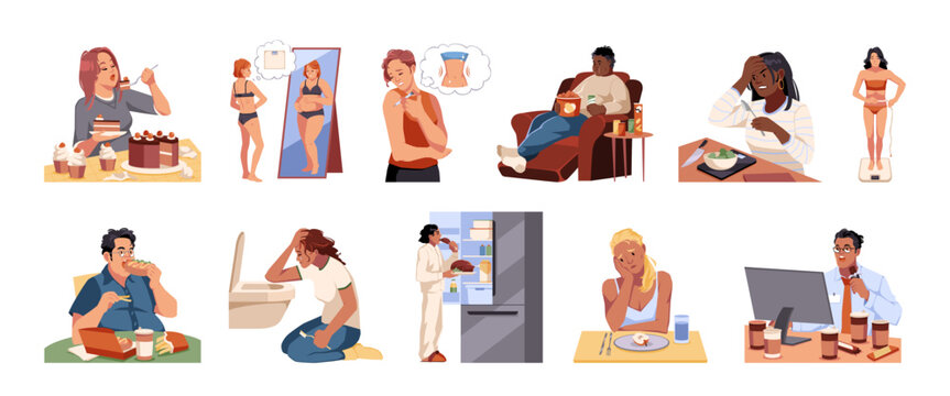 Eating disorder people. Unhealthy characters, anorexia, bulimia, thin, fat characters, painful body state, food consumption, stress disorder diet habits tidy vector cartoon isolated set
