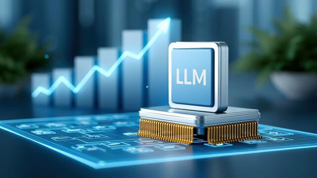 Artificial intelligence chip on digital circuit board with rising chart, large language model, neural network, technology