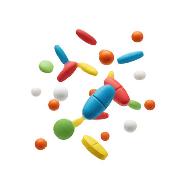 Vibrant multicolored pharmaceutical tablets and round caplets floating mid-air against a transparent background in a medical science precision concept