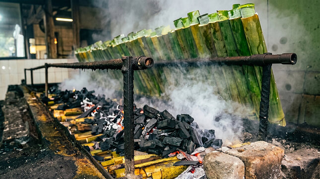 cooking lemang in bamboo by grilling it over charcoal