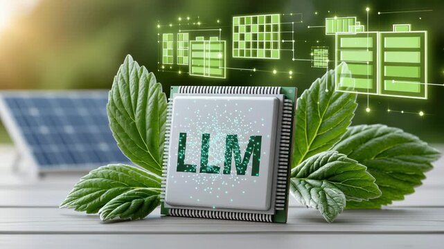 Green leaf artificial intelligence chip solar panel eco technology renewable energy digital network sustainable energy concept
