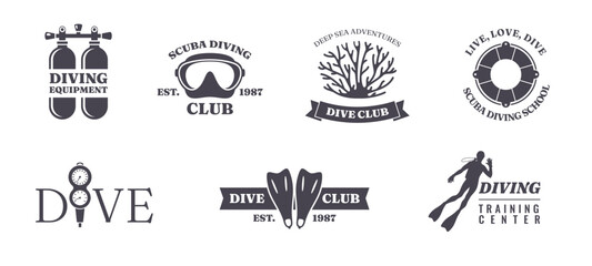 Dive club labels. Underwater swimming emblems, scuba diving school stickers, black silhouettes badges, equipment icons, sport training logo, sea adventure logotype, classy vector set © YummyBuum