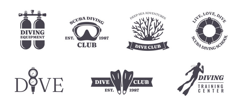 Dive club labels. Underwater swimming emblems, scuba diving school stickers, black silhouettes badges, equipment icons, sport training logo, sea adventure logotype, classy vector set