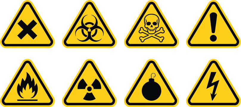 Danger warning, sign icon set vector, poison toxic biohazard skull and chemical hazard symbols in yellow triangle caution design.