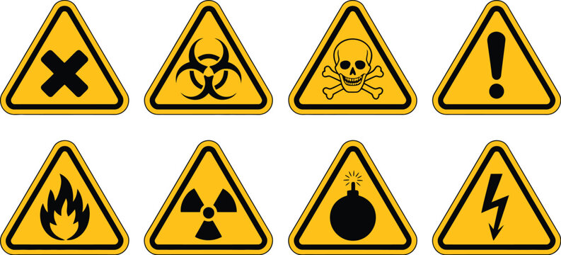 Danger, warning sign icon set vector, hazardous material symbols including skull poison and biohazard warning icons for safety signage.