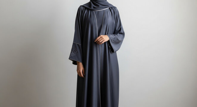 Modest fashion elegant muslim woman in dark grey abaya and hijab, studio shot