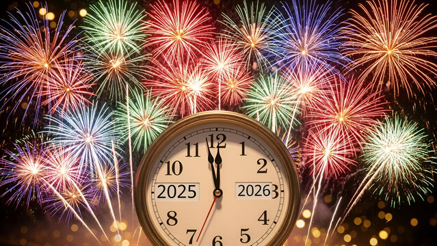 Classic round wall clock showing the transition from year twenty twenty five to twenty twenty six with bright colorful fireworks exploding in the dark night sky during a festive celebration