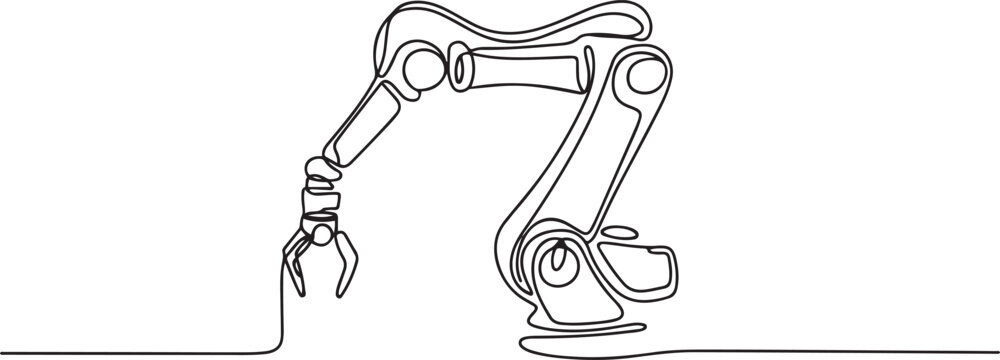 One continuous single drawing black line art doodle of robotic arm Industrial, representing automation and AI, Robotic Arm.one line Art icon drawing vector