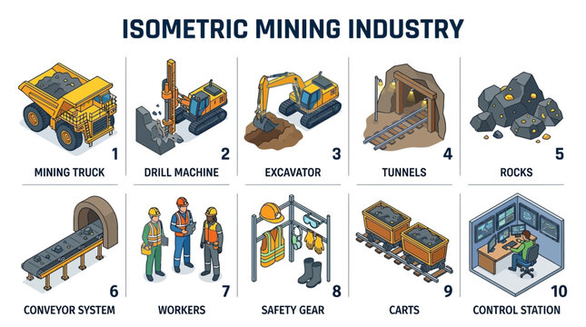 Isometric illustrations depicting the mining industry, from extraction to processing and control systems