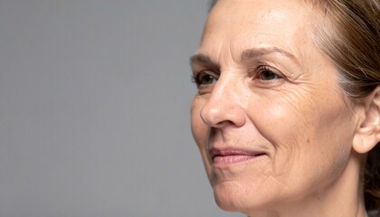 Fototapeta premium Mature woman face close up profile with copy space on gray background