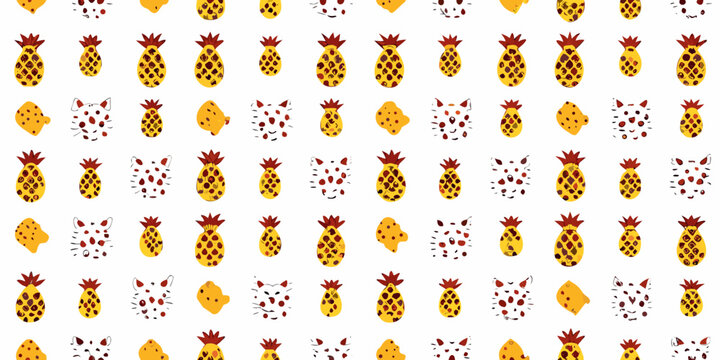 Pineapple and cat repeating pattern on white background