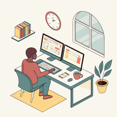 Fototapeta premium Professional working at desk with dual computer monitors in minimalist home office workspace