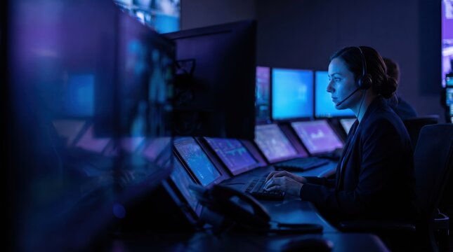 Female IT professional working in a dark server room with multiple screens and purple lighting.