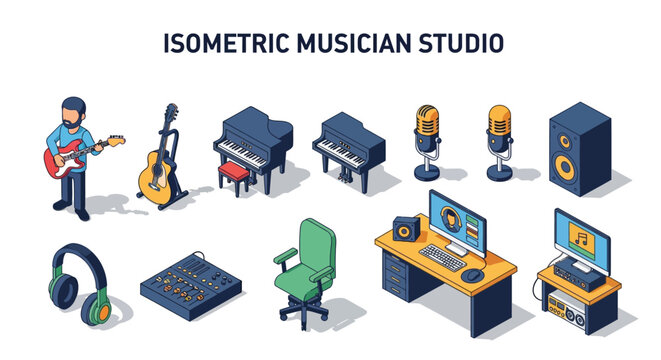 Set of isometric musical instruments and equipment for a recording studio