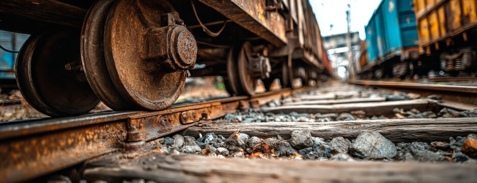 Freight train wheels resting on rusty tracks with gravel surroundings  