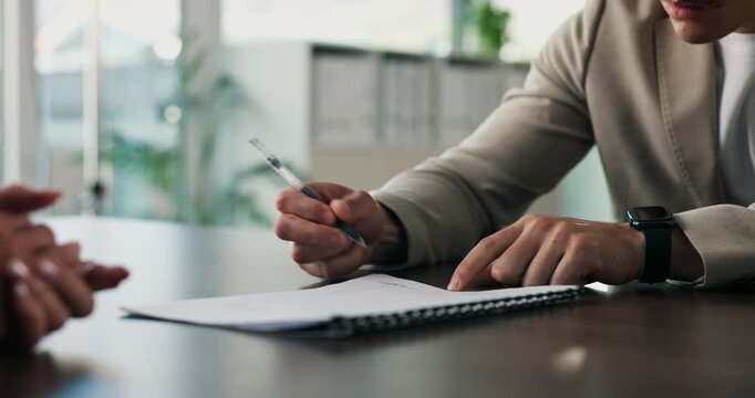 Business, hands or document signature in office for hiring agreement and recruitment. Employee, professional recruiter and people writing on paper for job offer, contract or company policy in meeting