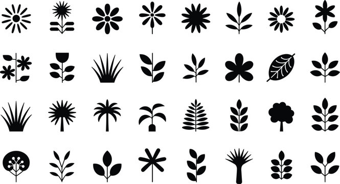 Collection of plant silhouette icons with flowers, leaves, trees, and abstract botanical shapes, perfect for design, illustration, and decorative artwork