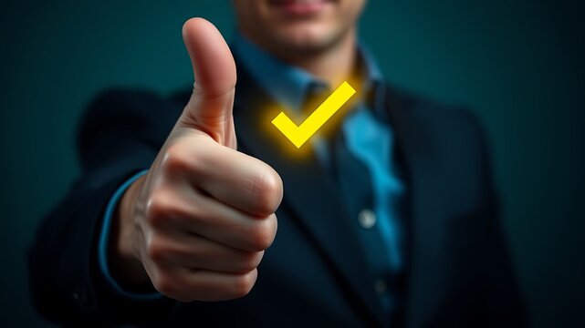 Person giving thumbs up with yellow check mark hand gesture