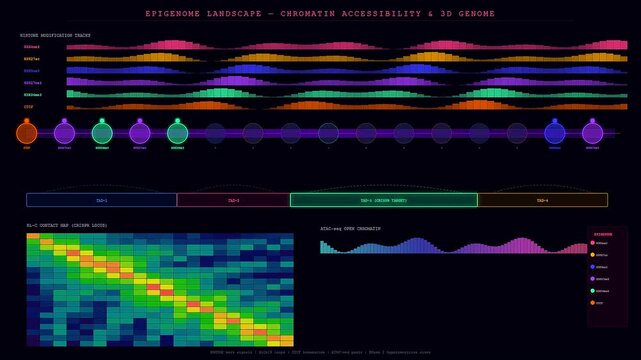 Innovative software for organoid growth monitoring visualizes complex genomic data sequences using animated chromatin tracks and dynamic heatmaps within a dark high tech laboratory environment