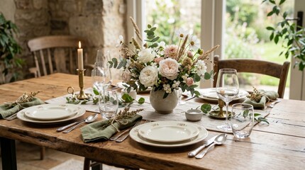 Fototapeta premium Table Setting with Flowers and Candle Light Arrangement