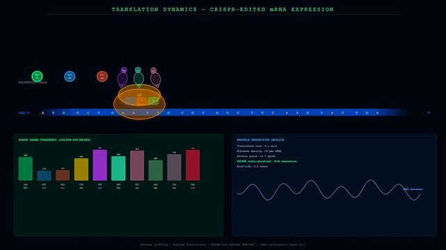 This futuristic interface for organoid growth monitoring displays dynamic protein synthesis and ribosome movement across a crispr edited genetic sequence for advanced laboratory research.