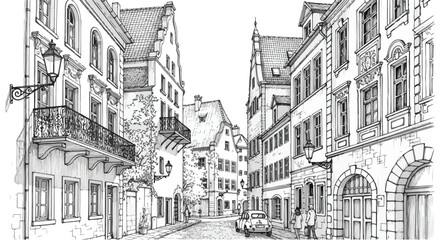 Obraz premium Vintage European Old Town Street Architectural Illustration Vector