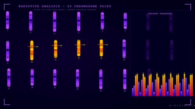 Scientific data from organoid growth monitoring scrolls across a dark digital screen revealing animated chromosomes and bar charts that pulse during genetic sequencing simulation.