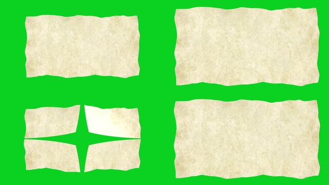 Collage four vintage parchment torn banner sets revealing animated on a green screen chroma key background. It gives a high quality professional template design element for video compositing
