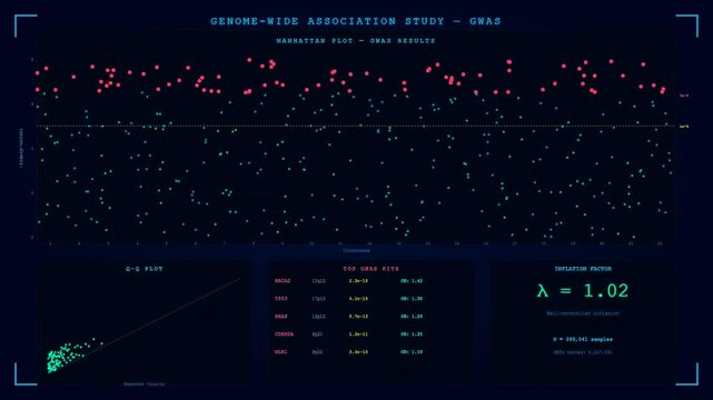 A digital dashboard for organoid growth monitoring flickers with real time genetic analysis and Manhattan plots visualizing association study results for modern laboratory research applications.