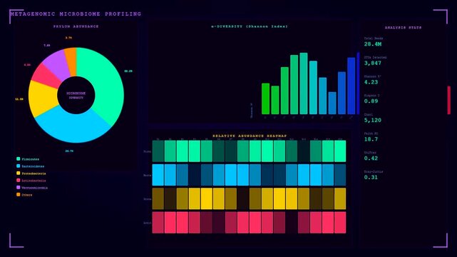 A sophisticated digital interface for organoid growth monitoring displays real time metagenomic data through animated charts and colorful heatmaps across a dark sleek screen.