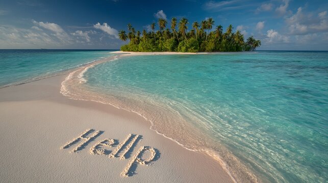 A serene tropical island with a message written in the sand