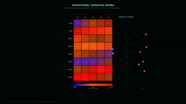 Researchers utilize organoid growth monitoring systems to interpret transcriptomic expression data within high resolution heatmaps and scatter plots during a complex molecular biology experiment.