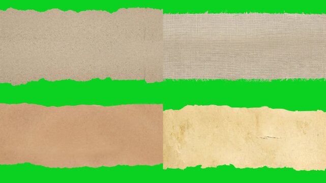 Collage four mixed canvas paper torn banner set revealing animated on a green screen chroma key background. It gives a high quality professional template design element for video compositing