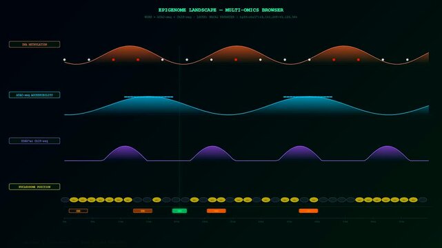 Advanced software displaying organoid growth monitoring visuals features oscillating wave graphs and colorful data points that track genetic activity over time on a dark interface.