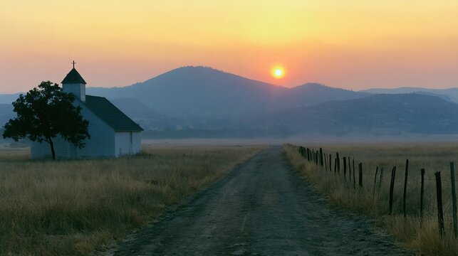 Rural church stands on empty field beside dirt road at sunrise