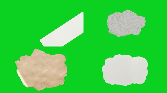 Collage four mixed crumpled ripped paper shapes revealing animated on a green screen chroma key background. It gives a high quality professional template design element for video compositing