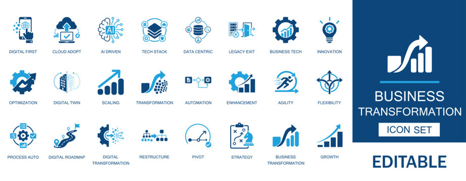 Business transformation and digital evolution icon set. Features innovation, strategy, growth, optimization, process, cloud adoption, and corporate restructuring symbols.
