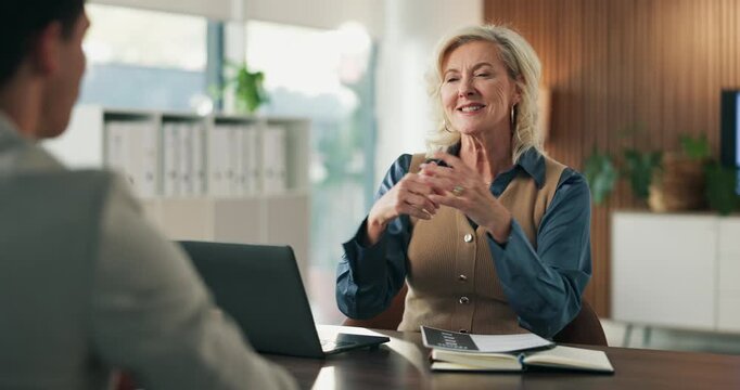 Business, handshake and happy woman with candidate for job interview, HR and meeting with paperwork. Office, mature person and shaking hands with applicant for agreement, recruitment and discussion