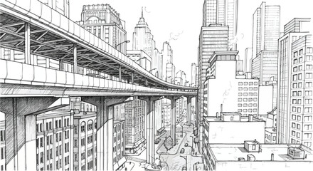 Obraz premium Urban Cityscape Vector Illustration with Elevated Highway and Towers