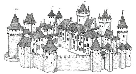 Fototapeta premium Medieval Castle Fortress Architecture Vector Line Art Illustration