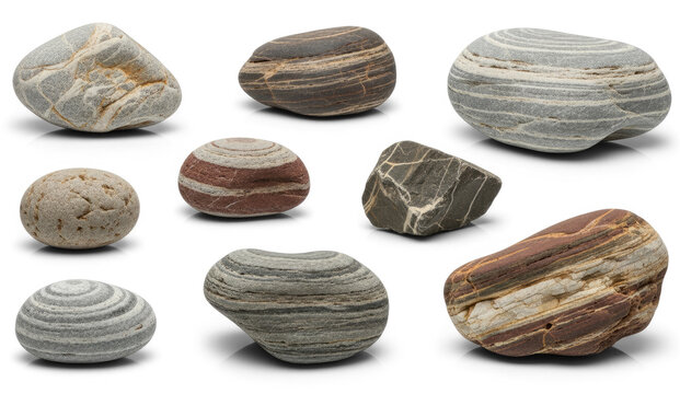 A collection of smooth, rounded river rocks rests on a transparent background.