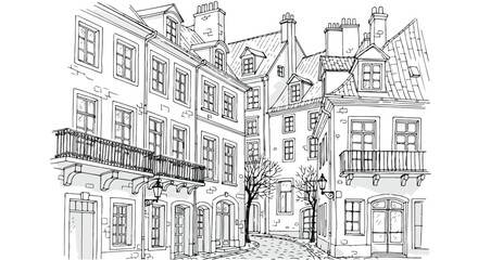 Obraz premium Hand Drawn Old European City Street Vector Illustration Line Art