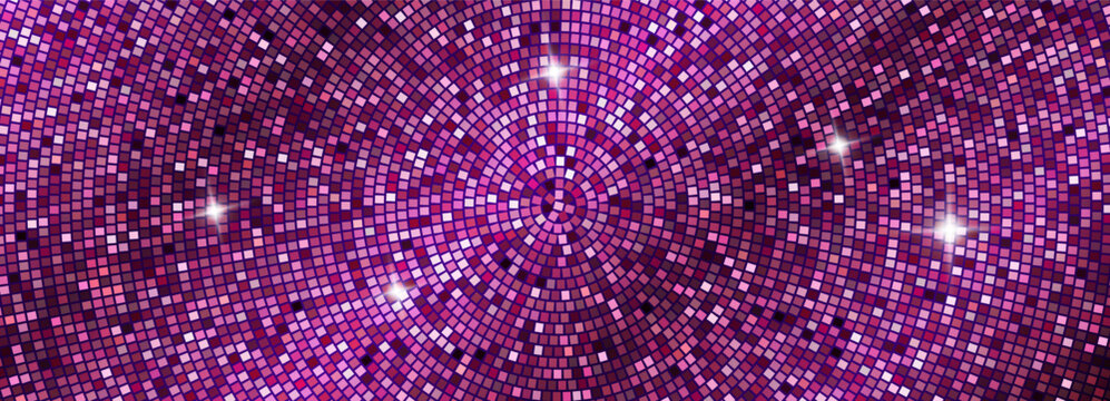 Pink purple disco ball mosaic backdrop. Radial tile pattern with sequins, tiles, panels with sparkle flares. Vector iridescent gradient texture. Background for party, club, dance, nightclub.
