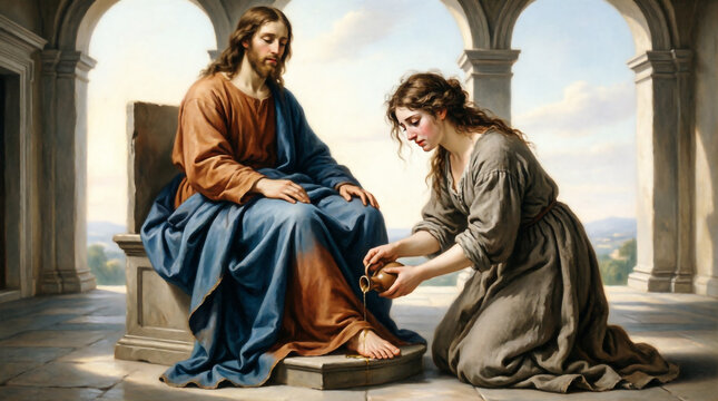 A repentant woman anoints Jesus with sacred oil, embodying divine forgiveness and pure love.